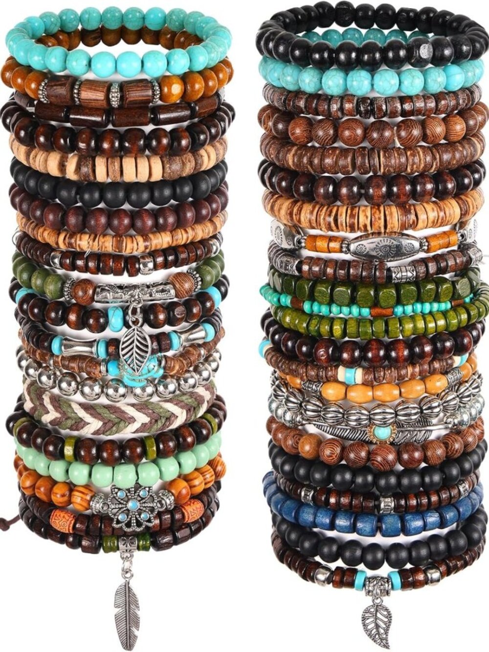 Bohemian Wooden Beaded Bracelet Set - 43pcs Adjustable Vintage Jewelry for All